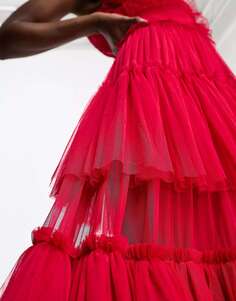 Малиновое платье макси из тюля с кружевом и бусинами и глубоким вырезом Lace &amp; Beads