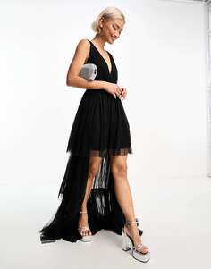 Черное платье макси из тюля с кружевом и бисером и глубоким вырезом, многоярусная юбка Lace &amp; Beads