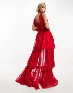Красное платье макси из тюля с кружевом и бисером и глубоким вырезом, многоярусная юбка Lace &amp; Beads