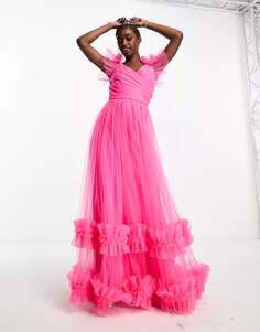 Платье макси из тюля с кружевом и бисером, ярко-розовое Lace &amp; Beads
