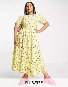 Ярусное свободное платье миди с открытой спиной Neon Rose Plus с лимонно-фруктовым принтом
