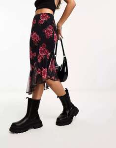 Черно-красная асимметричная сетчатая юбка с цветочным принтом Wednesday&apos;s Girl