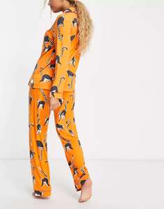 Оранжевый комплект из трикотажного джерси с принтом лемура и пижамного комплекта на пуговицах с лемурами Chelsea Peers