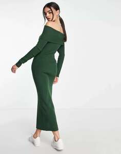 Зеленое платье макси в рубчик с открытыми плечами M Lounge