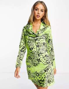 Зеленое атласное мини-платье с воротником-хомутом и змеиным принтом River Island