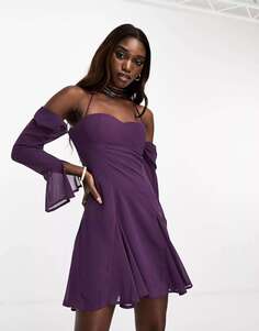 Пурпурное мини-платье NaaNaa с открытыми плечами и рюшами