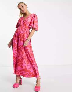 Платье макси с развевающимися рукавами Twisted Wunder с розово-красным принтом в виде звезд