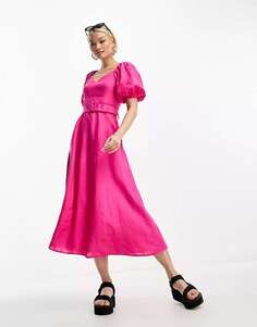 &amp; Other Stories Розовое льняное платье миди с пышными рукавами и поясом