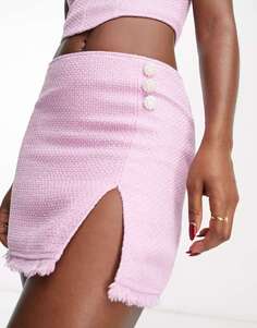Розовая мини-юбка-букле Miss Selfridge с разрезом по бокам и жемчужными пуговицами