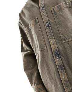 Рубашка оверсайз в стиле 90-х годов с двойными карманами из синего денима кислотной стирки - КОРИЧНЕВЫЙ ASOS