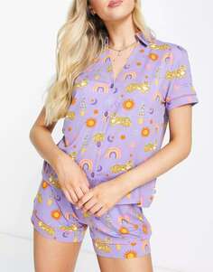 Короткий пижамный комплект The Wellness Project x Chelsea Peers с фиолетовым тигровым радужным принтом