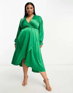 Зеленое атласное платье с запахом и длинными рукавами AX Pari