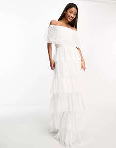 Beauut Bridal Белое многоярусное платье макси из тюля с открытыми плечами и украшенным верхом