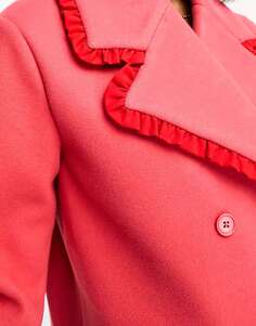 Розовое длинное пальто-кокон с оборками Neon Rose