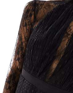 Черное платье макси из плиссированного кружева с фестонами и кружевными деталями TFNC