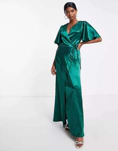 Атласное платье макси с развевающимися рукавами Little Mistress изумрудно-зеленого цвета