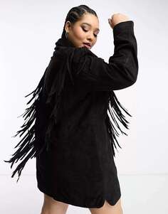 Черное платье из натуральной кожи с бахромой и пуговицами Urbancode Curve