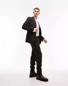 Черные узкие костюмные брюки с резинкой на талии Topman