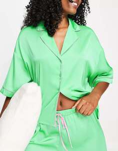 Зеленая атласная пижамная рубашка с контрастной окантовкой ASOS