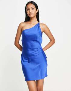Атласное мини-платье с асимметричными бретелями Lola May темно-синего кобальта