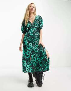 Атласное платье миди зеленого цвета с цветочным принтом Violet Romance