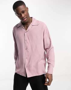 Розовая рубашка с длинными рукавами и воротником-стойкой Selected Homme