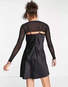Черное мини-платье-комбинация с воротником-хомутом и сетчатыми плечами COLLUSION