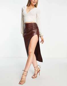 Шоколадная юбка миди из искусственной кожи с разрезом по бокам ASOS