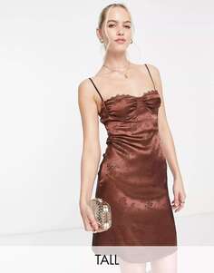 Шоколадно-коричневое атласное жаккардовое мини-платье Lola May Tall с бретелями на спине