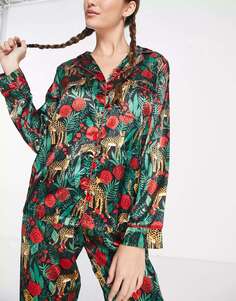 Ночная атласная пижама с леопардовым принтом из дикой розы лесно-зеленого цвета NIGHT