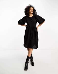 Черное свободное платье мини с пышными рукавами и заниженной талией InWear In Wear