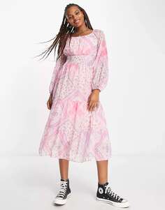 Розовое шифоновое платье миди с присборенной талией Miss Selfridge в стиле пэчворк