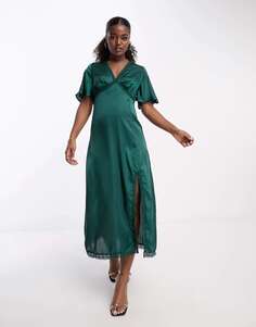 Платье миди цвета зелени с v-образным вырезом и кружевной отделкой Influence