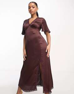 Платье миди шоколадно-коричневого цвета с треугольными рукавами и v-образным вырезом Influence