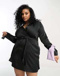 Черное атласное платье-блейзер с завязкой на талии NaaNaa