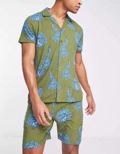 Короткие пижамные комплекты Chelsea Peers с зелено-синим павлиньим принтом
