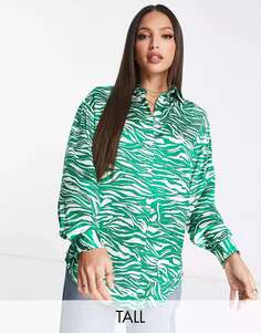 Зеленая атласная рубашка оверсайз с зебровым принтом New Look