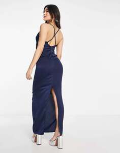 Темно-синее атласное платье макси с воротником-хомутом NaaNaa
