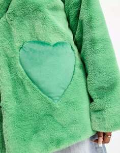 Зеленое пальто из искусственного меха с карманом в форме сердца Neon Rose