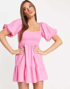 Розовое льняное мини-платье с присборенными складками и расклешенными деталями Miss Selfridge