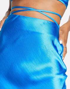 Синяя атласная юбка миди с разрезом на талии Topshop