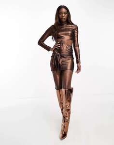 Бронзовое облегающее мини-платье NaaNaa с завязками на талии и эффектом металлик NaaNaa