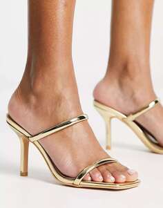 Гламурные золотистые босоножки-мюли на каблуке с двумя ремешками Glamorous