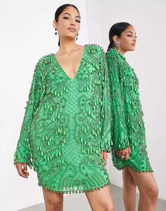 Ярко-зеленое платье мини с v-образным вырезом и каплевидными бусинами ASOS