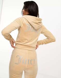 Велюровое худи светло-бежевого цвета с молнией Juicy Couture
