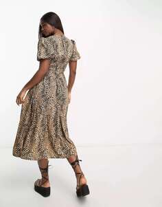 Платье миди с объемными рукавами и v-образным вырезом с леопардовым принтом Influence