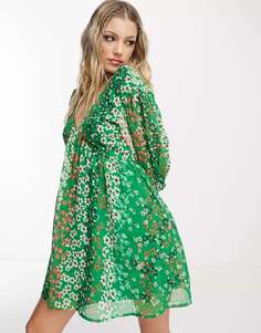 Зеленое свободное платье мини с объемными рукавами и рукавами Wednesday&apos;s Girl в стиле пэчворк