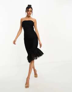 Черное платье-бандо из тюля Rare London с асимметричным подолом
