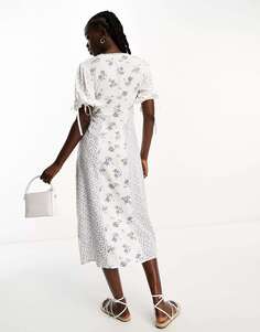 Платье миди Influence с v-образным вырезом и кружевной вставкой с белым цветочным принтом