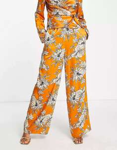 Атласные широкие брюки с оранжевым цветочным принтом ASOS